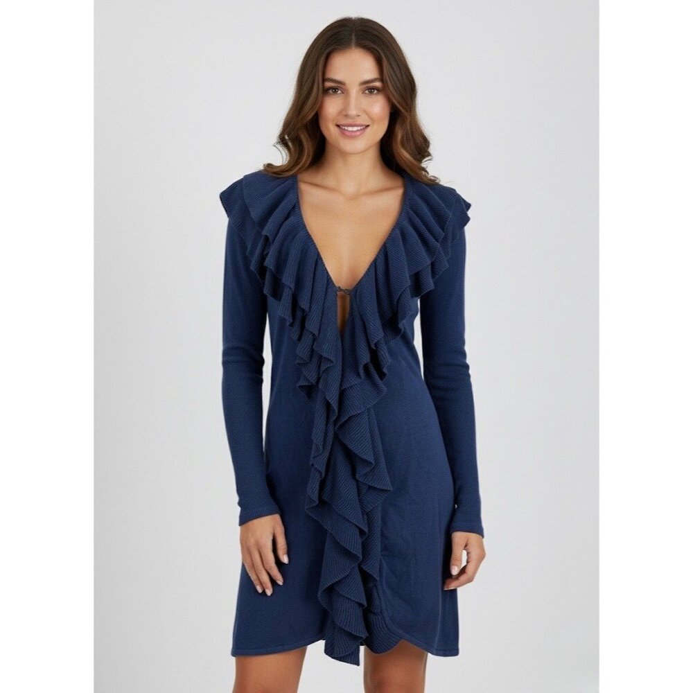 Vintage Y2K I.N.C Blue Ruffled Silk Cotton Cardigan | Coquette Minimalist Boho M - Picture 1 of 14
